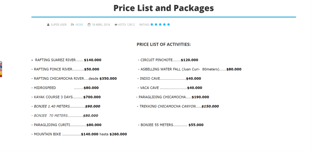 price list from a tour company